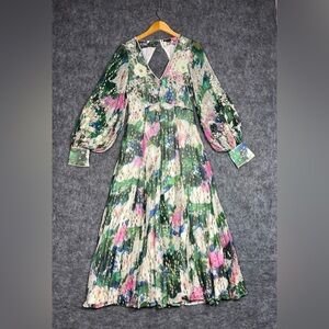 Karen Millen Green Floral Pleated Maxi Dress with Pink and Blue Accents